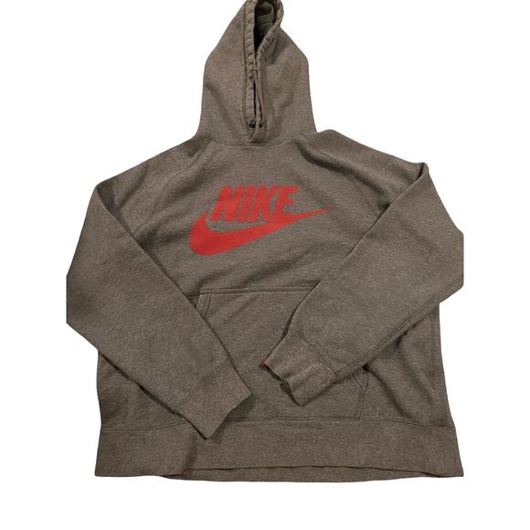 NIKE Logo Hoodie Sweatshirt, Red Swoosh, Kangaroo Pocket, Gray| Men’s: XL - Picture 1 of 11